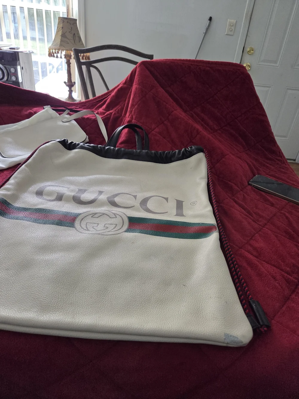 Gucci White Logo Canvas Tote Bag with Green-Red Stripe